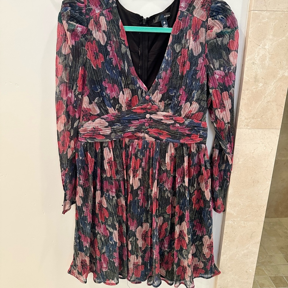 Aqua Pink and Black Fit and Flare Dress with Bishop Sleeves